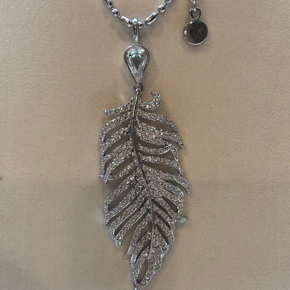 Crystal and Silver Feather Pendant Necklace